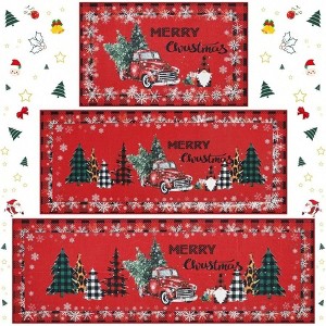Christmas Kitchen Rugs Set of 3,Non - Slip Washable Santa Red Truck Doormat, Holiday Decor for Home, Bath, Office Party - 1 of 4