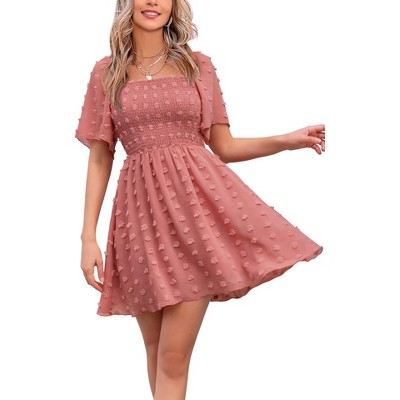 EXLURA Women's Summer Casual Square Neck Dresses Ruffle Short Sleeve Swiss Dot Flowy Mini Dress