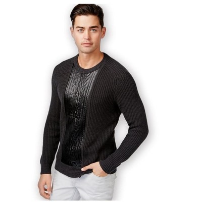 I.N.C International Concepts Mens Faux Leather Cable Knit Pullover Sweater, Grey, Small