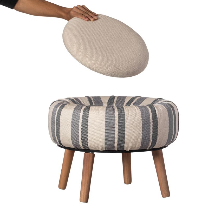Fabulaxe Modern Striped Round Fabric Ottoman with Inner Storage, White and Blue, 2 of 8