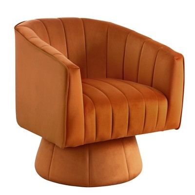 Beautyolove Modern Orange Velvet Upholstered Comfy Swivel Barrel Chair with Tufted Back and Solid Wood Base
