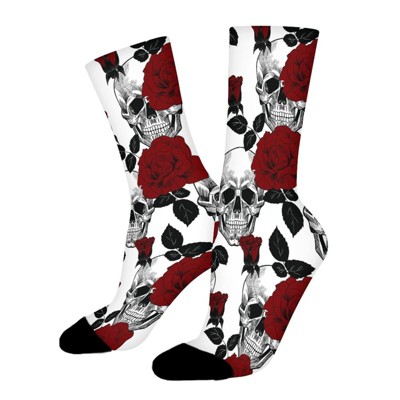 Skull And Red Roses Women Printed Crew Socks Funny Funky Socks Soft Polyester Novelty Gifts for Artists Men