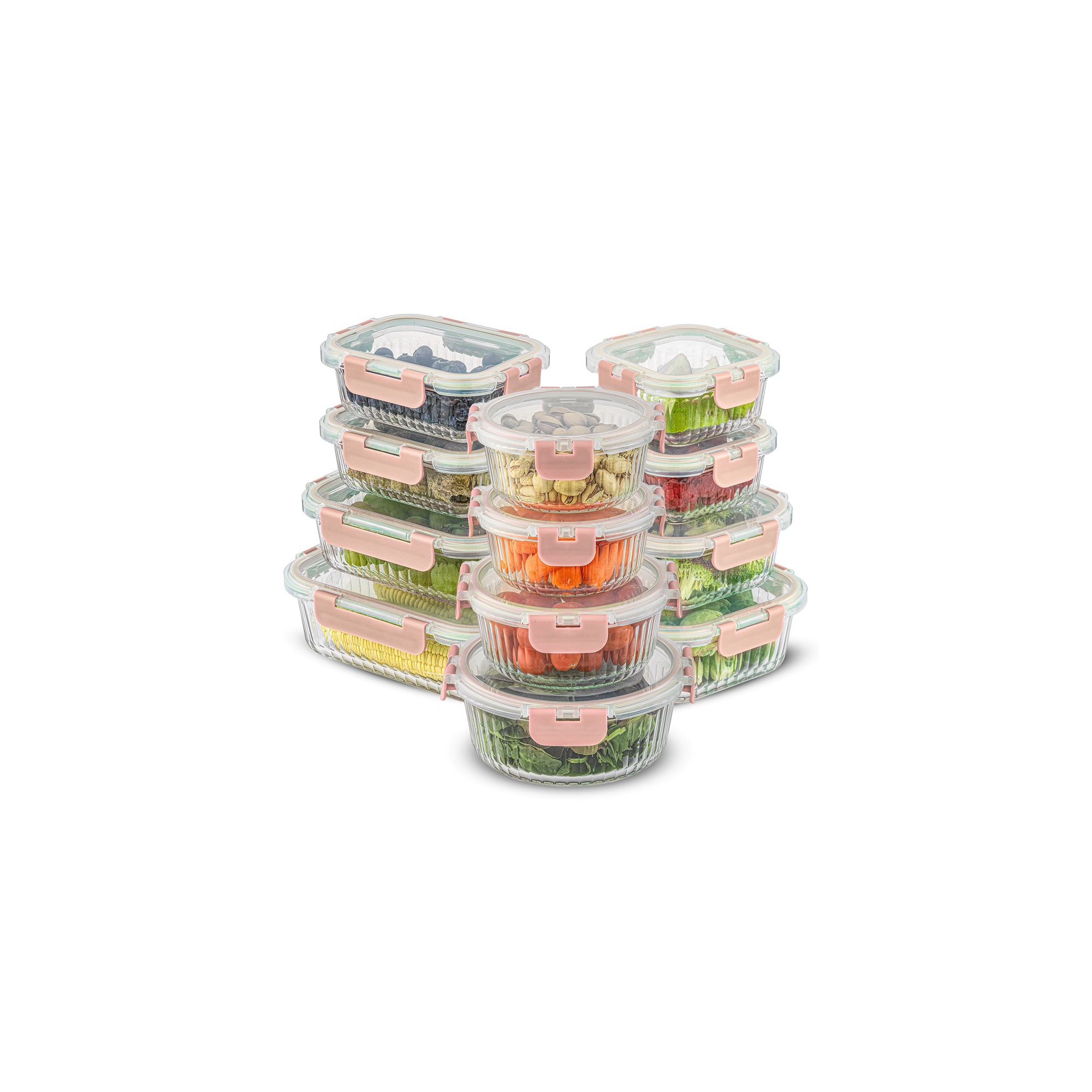 JoyJolt 24 Piece Fluted Glass Food Storage Containers with Leakproof Lids Set - Pink
