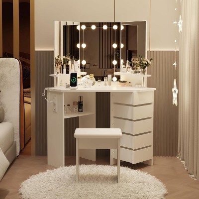 Vanity Desk w/ Lights & Outlet, 5 Drawers, Adjustable Lighting, Stool - for Women & Girls
