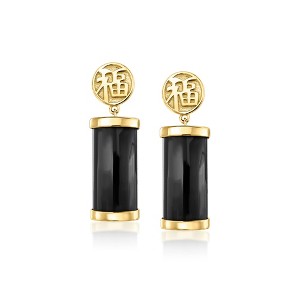 Ross-Simons Black Agate "Good Fortune" Drop Earrings in 18kt Gold Over Sterling - 1 of 3