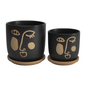 Sagebrook Home 2pc Funky Face Ceramic Indoor Outdoor Planter Pots with Saucers Black - 1 of 1