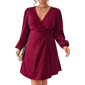 Women's Plus Size V Neck Wrap Dress Casual Long Sleeve High Waist Party Business Work Blazer Midi Dress - 1 of 4