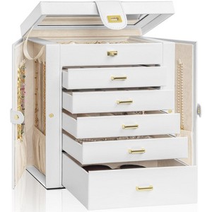 Leather Jewelry Box with Mirror - Multi-Compartment Organizer for Rings & Necklaces, Black - 1 of 4