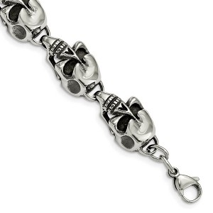 Black Bow Jewelry Men's Stainless Steel Antiqued Skulls Bracelet - 8.5 Inch - 1 of 4
