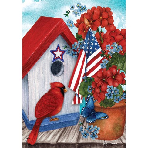 American Cardinal House Flag Patriotic Floral Birds 28