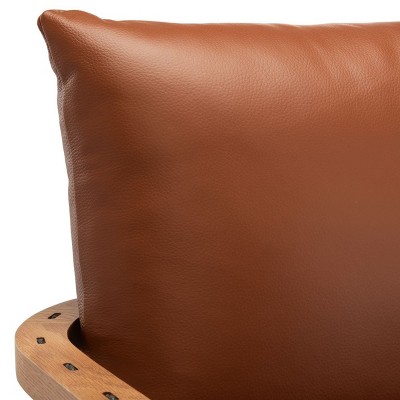 Caramel Brown Mid-Century Leather and Oak Armchair