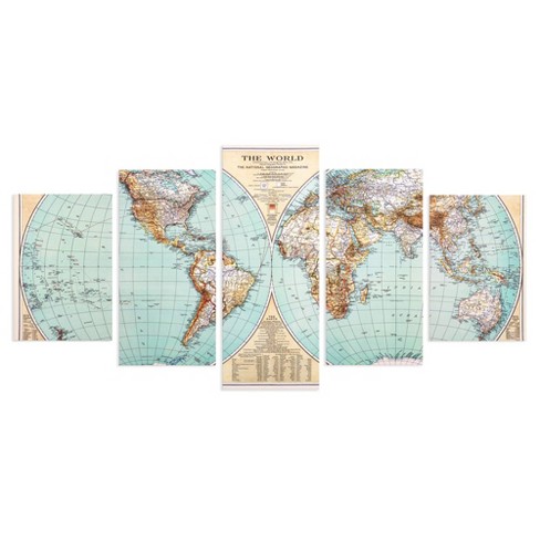 Patton Wall Decor 5 Panel Large Vintage World Map Canvas Set Wall Art Set Of 5 Large Vintage World Map Canvas Panel Wall Art - Patton Wall Decor  : Target