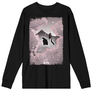 Godzilla Classic Monster Silhouette and Cherry Blossoms Across Mt. Fuji Adult Black Long Sleeve Tee - 1 of 3