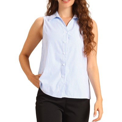 INSPIRE CHIC Women's Summer Work Striped Lapel Collar Sleeveless Button Down V Neck Blouse