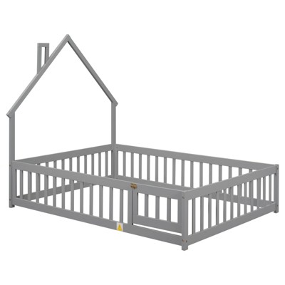 Fontoi Beds, Full Size Bed with Headboard, Wood Bed with Guardrails and Door for Girls and Boys, Gray, 60"*64.8"*78.2"