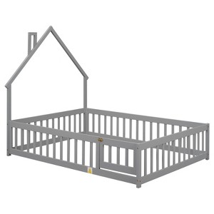 Fontoi Beds, Full Size Bed with Headboard, Wood Bed with Guardrails and Door for Girls and Boys, Gray, 60"*64.8"*78.2" - 1 of 4