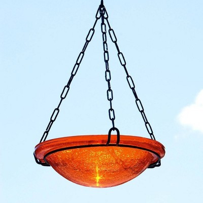 Mandarin Orange Hand-Blown Crackled Glass Hanging Birdbath Bowl