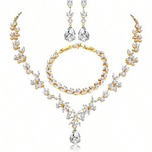 Women's Set, Necklace Earrings Bracelet with White Cubic , Allergy Free Wedding Party Bridal Bridesmaid - 1 of 4