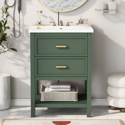 SpassWay 24"L Green Modern Bathroom Vanity with Top Sink 2 Drawers