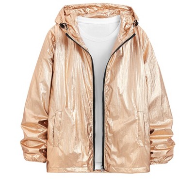 Lars Amadeus Men's Drawstring Hooded Zipper Party Club Metallic Windbreaker Golden XX Large — фото 2