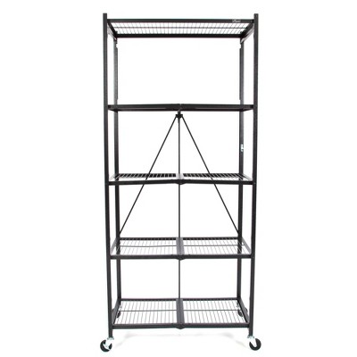 Origami Large Wheeled 5-Shelf Folding Steel Wire Shelving, Black (21"x36"x78")