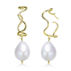 Guili Sterling Silver Gold Plated Curvy Dangling Earrings enhanced with Freshwater Pearls, designed to add timeless beauty to your wardrobe. - 1 of 4