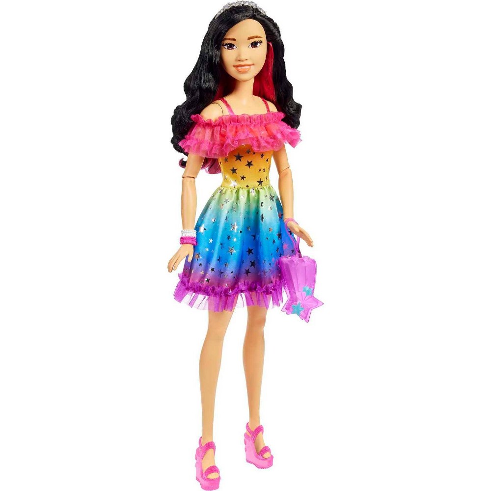 Barbie 28" Large Doll with Black Hair and Rainbow Dress