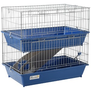 PawHut 2-Tier Small Animal Cage Enclosure, Play House for Bunny, Ferret, Chinchilla with 2 Doors, Platform, Ramp, Dish and Bottle - 1 of 4