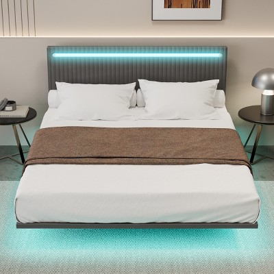 Full/Queen Size Upholstered Floating Platform Bed with Adjustable LED Lights and Adjustable Headboard, No Box Spring Needed, Beige/Gray-ModernLuxe