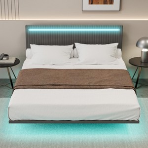 Full/Queen Size Upholstered Floating Platform Bed with Adjustable LED Lights and Adjustable Headboard, No Box Spring Needed, Beige/Gray-ModernLuxe - 1 of 4
