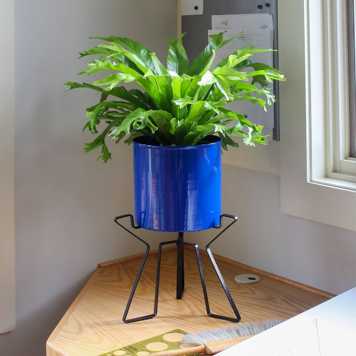ACHLA Designs 9.25" Wide Cylinder Planter Pot: Galvanized Steel, Black Wrought Iron Stand, Indoor/Outdoor Use - thumbnail 3