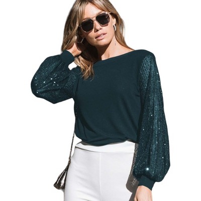 Amaryllis Women's Sequin Embellished Balloon Sleeve Top Boat Neckline Relaxed Fit Versatile Style for Day to Night