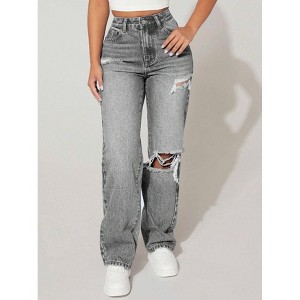 Mocamel Women's Fashion High Waist Straight Wide Leg Ripped Jeans - 1 of 4