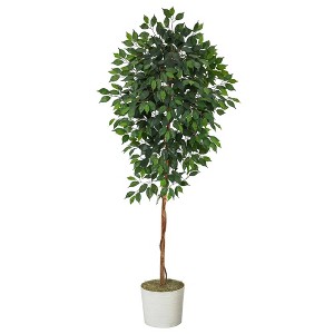 Nearly Natural 6-ft Ficus Artificial Tree in White Tin Planter - 1 of 4