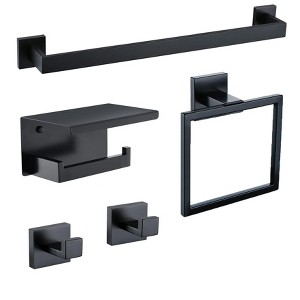 Itopfox 5 Piece Matte Black Stainless Steel Bathroom Hardware Set 23.6 Inch Towel Bar Towel Ring Hook Toilet Paper Holder with Shelf - 1 of 4