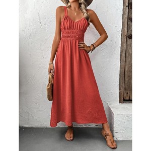 Womens Summer Dresses Sleeveless Button Down Smocked Waist Casual A-Line Swing Midi Dress Sundress - 1 of 4
