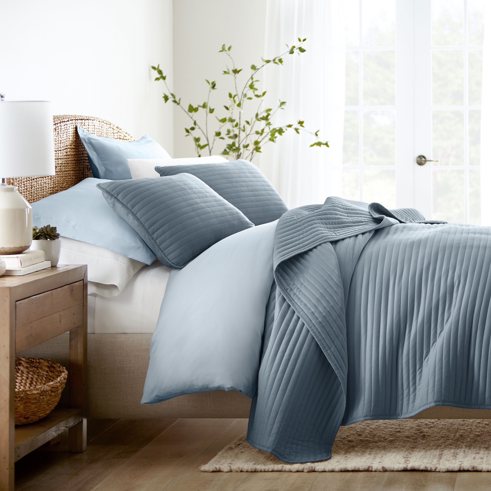 Stripes Floral and Diamonds Quilted Coverlet Set With Shams - Becky Cameron, Stripe Stitch / Dusk Blue, Full/Queen