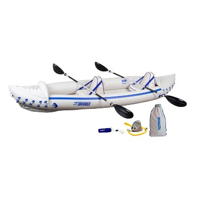 Sea Eagle 370 Pro 3 Person Inflatable Portable Sport Kayak Canoe Boat with Paddles, 2 Moveable Seats, Foot Pump, and Carry Bag