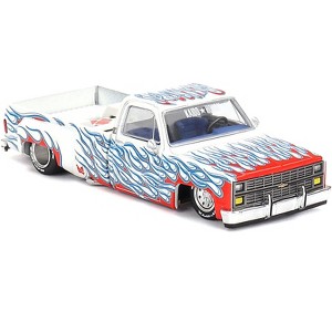 Chevrolet Silverado Dually Pickup Truck "On Fire V2" White Met w/Blue Flames and Blue Interior 1/64 Diecast Model Car by Mini GT - 1 of 4