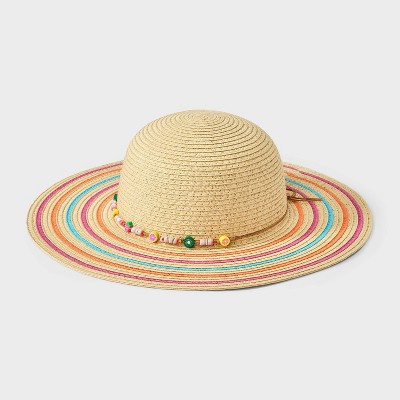 Girls' Paper Straw with Fruit Beads Floppy Sun Hat - Cat & Jack™️: UPF 50+, Lightweight, Multi-Stripe Pattern