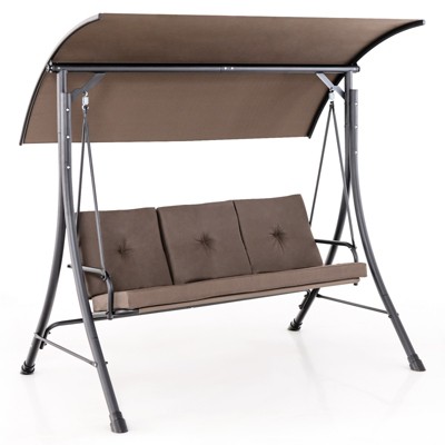 Tangkula 3-Seat Outdoor Porch Swing w/ Adjustable Canopy Thickened Cushions Metal Frame