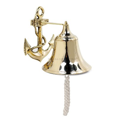 Nagina International 9 In Premium Polished Brass Decorative Anchor Bell with Wall Mount and Rope, Ideal for Nautical Themed Bedrooms and Offices, Gold