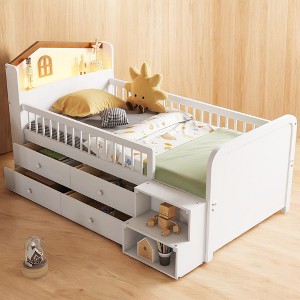 Mshliw Low Loft Bed with LED Lights, Wooden Twin Loft Bed for Kids with House Headboard, Safety Rails, Storage Drawers, No Box Spring Needed - 1 of 4