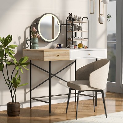 40'' Vanity Table,Vanity Desk With Mirror And Charging Station,Vanity Table With Drawer And 3 Open Shelves,Vanity Table For Bedroom-Cuddlewood