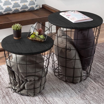 Hastings Home Wire and Wood Nesting Tables - 2-Piece Set, Black