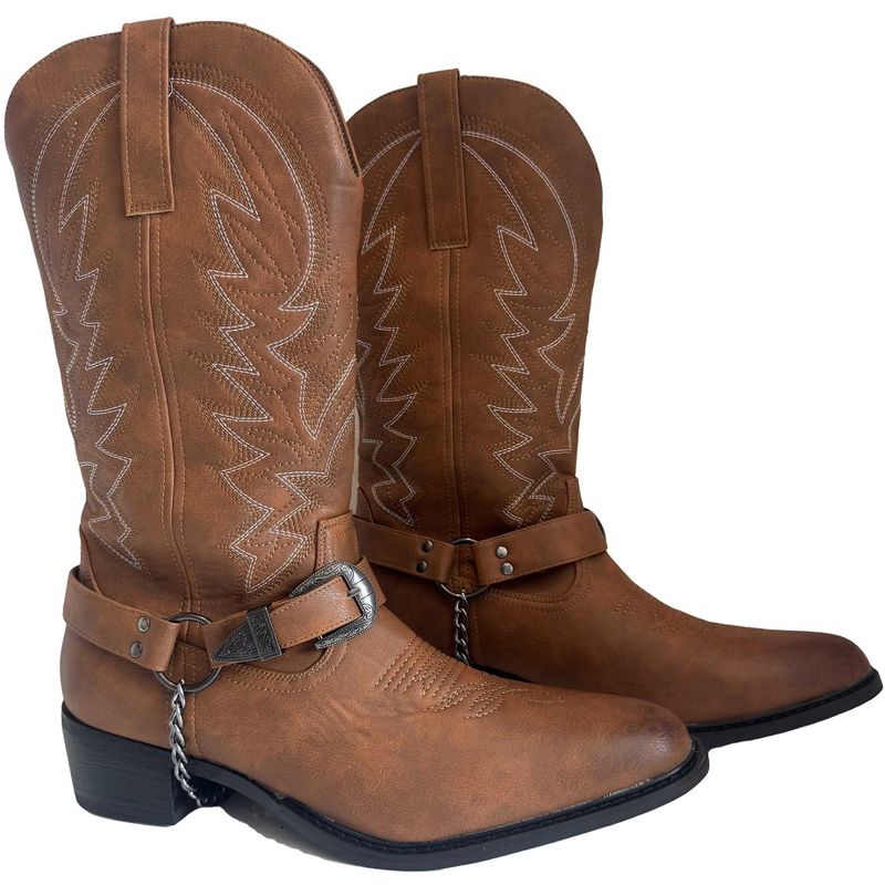 Men's Cowboy Boots Western Chain Buckle Harness Mid Calf Dress Shoes, brown-6.5