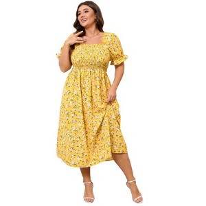 Coolmee Women's Plus Size Floral Summer Dress Puff Sleeve Smocked Ruffle Square Neck Casual Dress Cute Midi Dress - 1 of 4