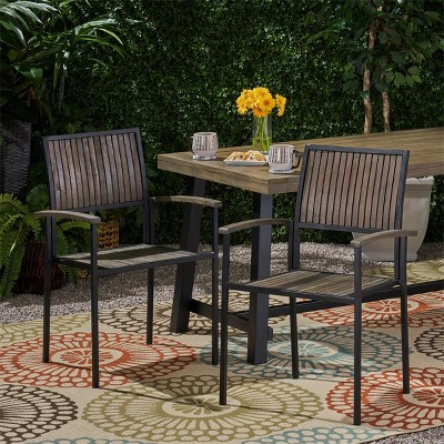 Modern Acacia Wood Patio Dining Chair Set of 2,Outdoor Armest Dining Chair with Metal Legs for Garden Backyard,Gray-Tanpinhause