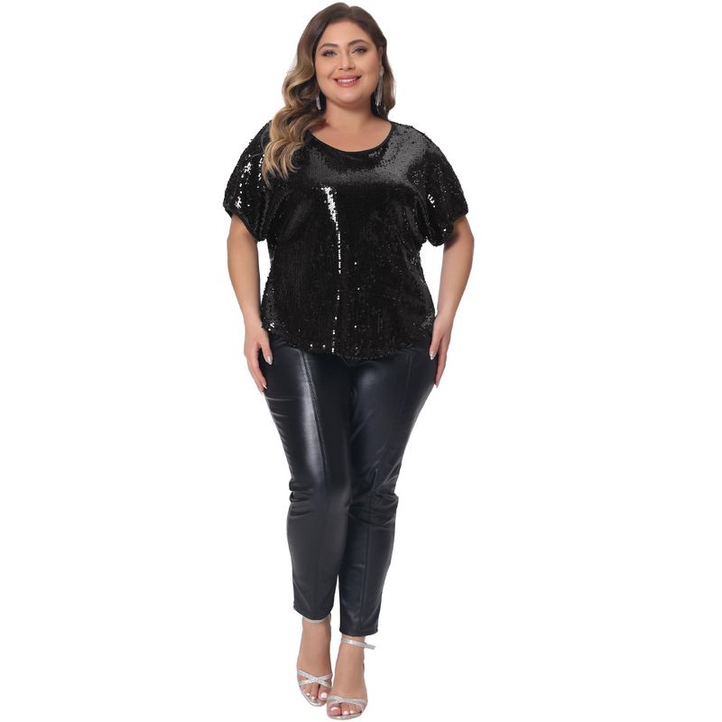 Agnes Orinda Women's Plus Size Allover Sparkle Sequin Glitter Short Sleeve Dressy Party Club Night Blouses, 3 of 6