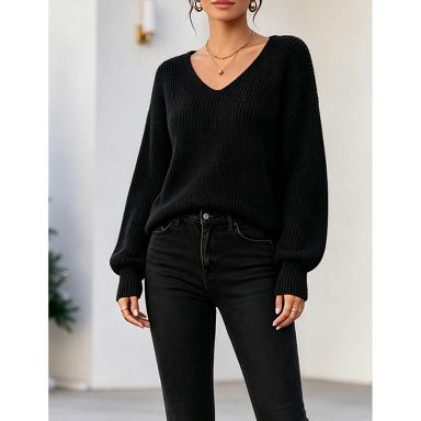 Y's V NECK OVER SIZED PULLOVER KNIT ニット YESFASHION Women's Casual V Neck Oversized Ribbed Knit Pullover
